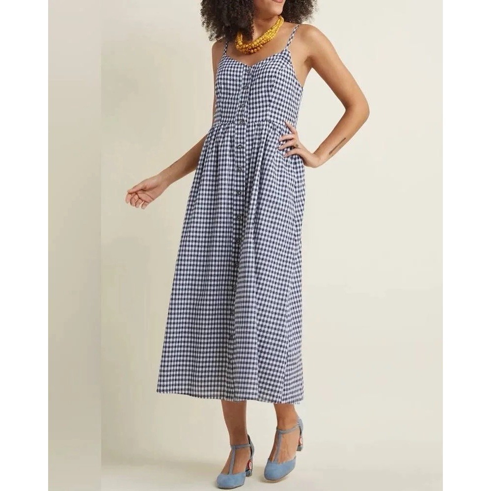 MODCLOTH Quite Clearly Charismatic Dress L Midi Button Navy Gingham Summer Retro